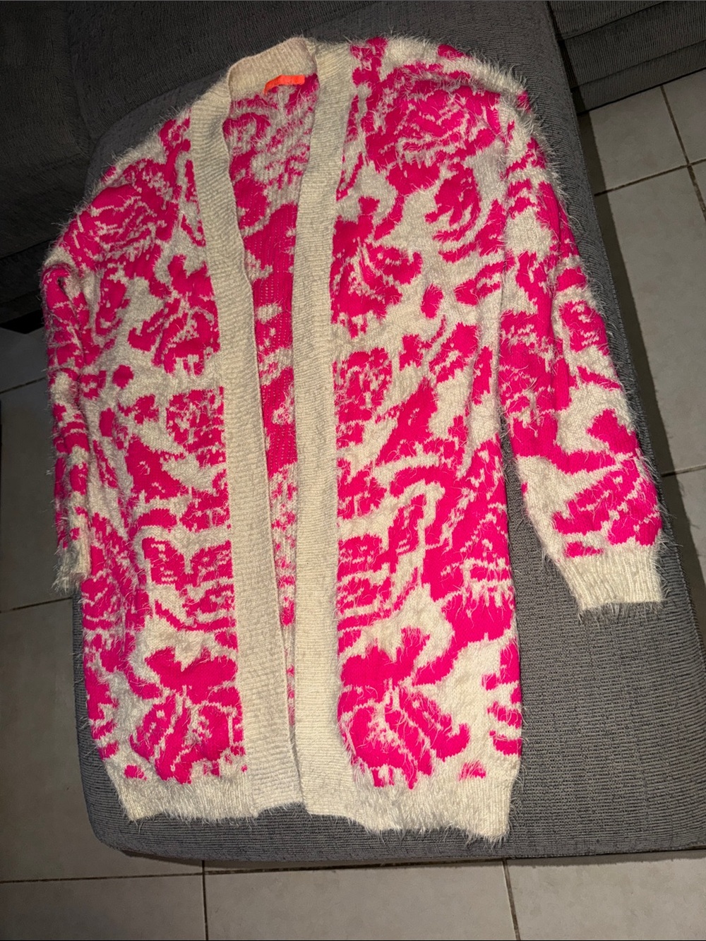 Lulumari Cream Cardigan with Hot Pink Floral Knit